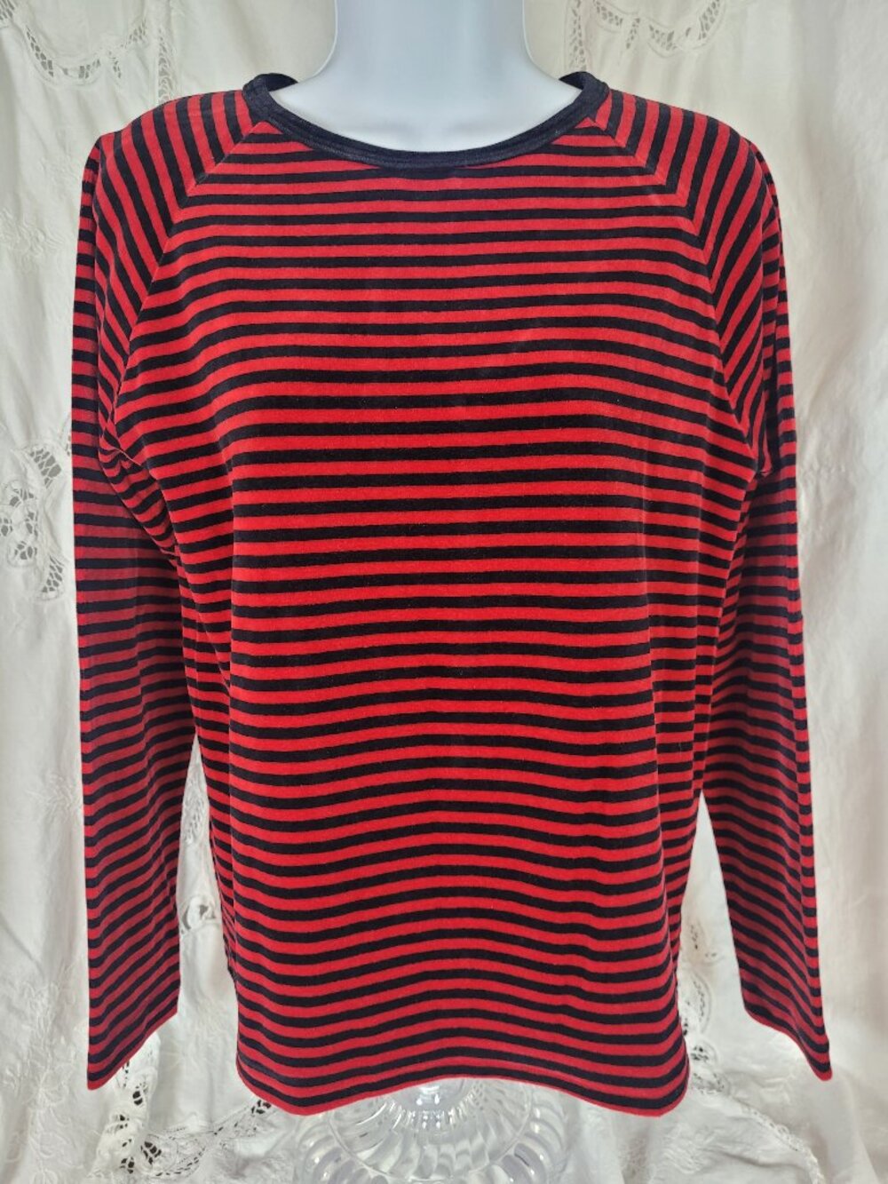 Womens Small Long Sleeve Pull Over Velour Red and Black Stripped Jason Maxwell